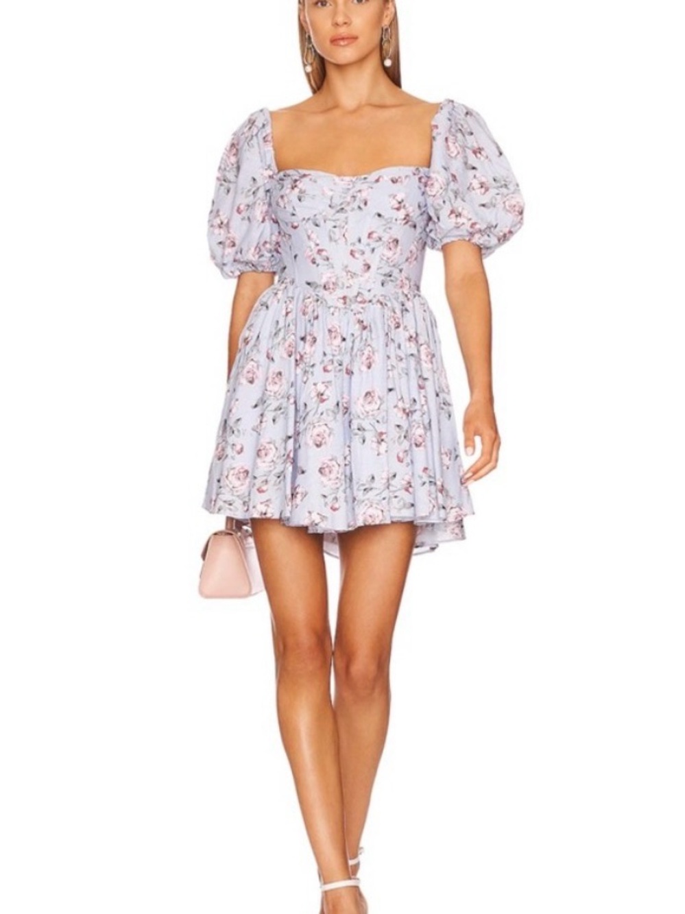 Bardot Lilac Floral Square-Neck Puff Sleeve Mini Dress